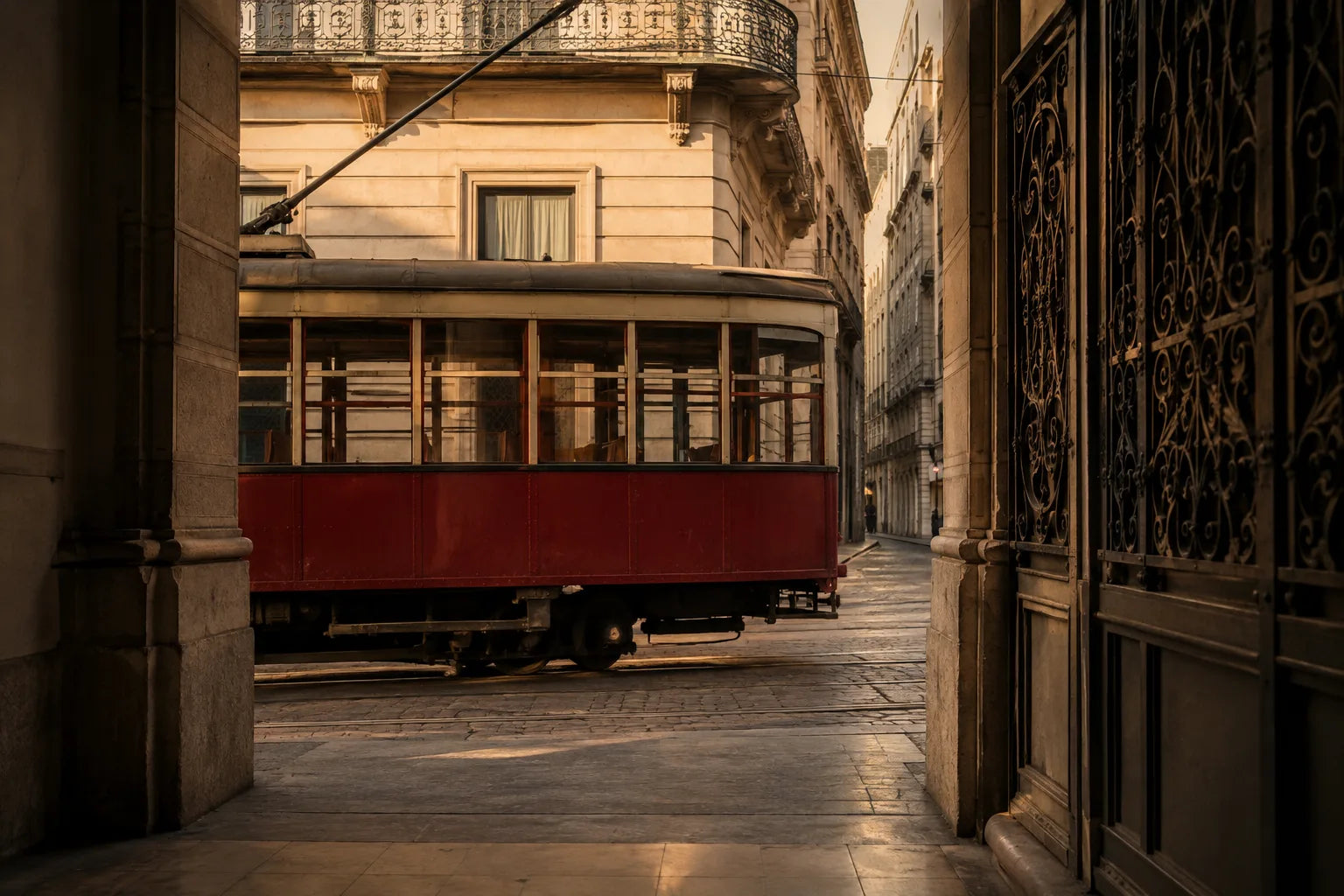 Un tram rosso tra portici in pietra e palazzi milanesi, nella luce del pomeriggio